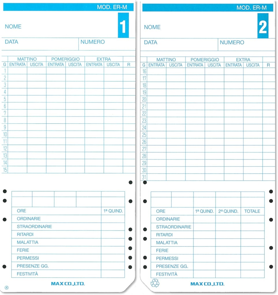 ER2100 Time Cards for Time Recorders